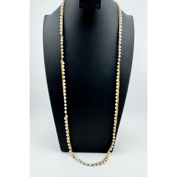 Signed Napier Gold Tone Faux Pearl Long Necklace Vintage Layered Rope Chain - Picture 3 of 12